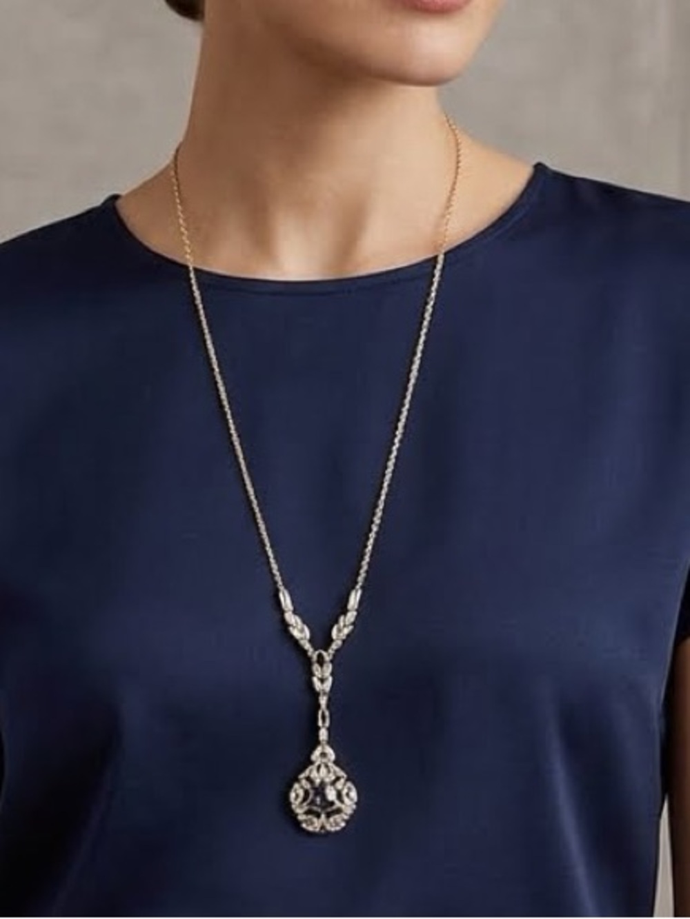 Sole Society Elegant Gold and Silver Necklace Blue Drop Crystal Pendant NEW